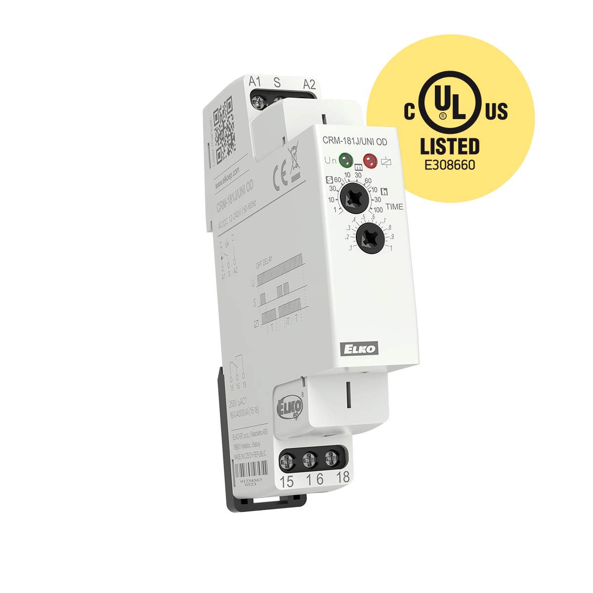 ELKO EP North America-CRM-181J/UNI-ZR Zeitrelais Time Delay Relay 12 to 240VDC 12 to 240VAC 16A SPDT(17.6x64x90)mm DIN Rail