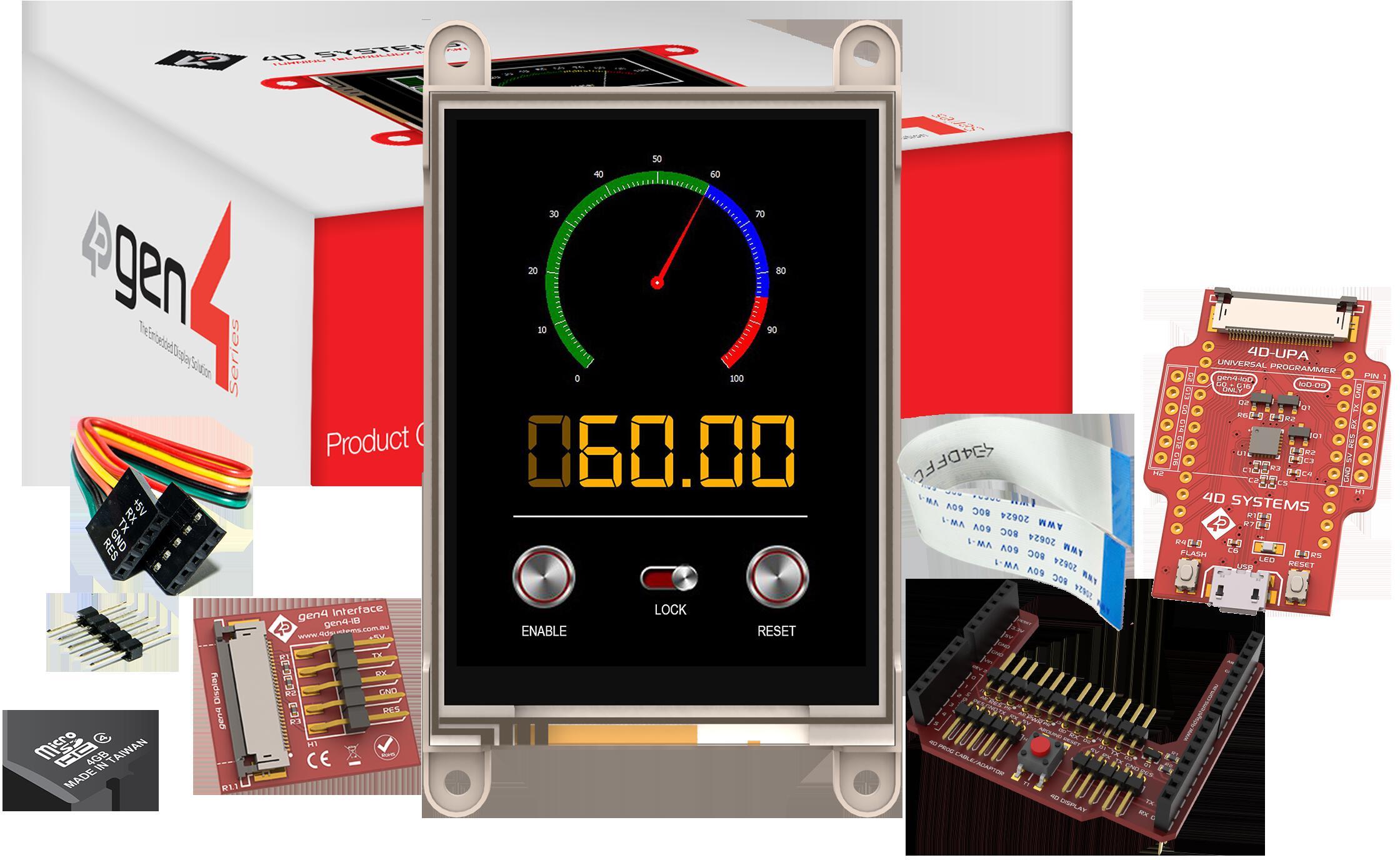 4D Systems-SK-GEN4-32DT-AR Herramientas y kits de desarrollo Starter Kit for gen4-uLCD-32DT-AR with 4D Arduino Adaptor Shield-II, 4D-UPA, 4GB Industrial microSD Card, 150 mm FFC Cable, 5-way female-to-female ribbon cable with male-to-male adaptor