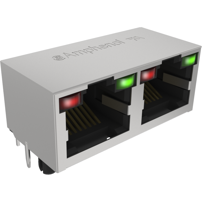Amphenol Communications Solutions-RJHSE5F8VA2 Steckverbinder, Telefon und Telekommunikation Conn Modular Jack F 16 POS 1.02mm Solder RA Thru-Hole 24 Terminal 2 Port Cat 3/Cat 5 Tray