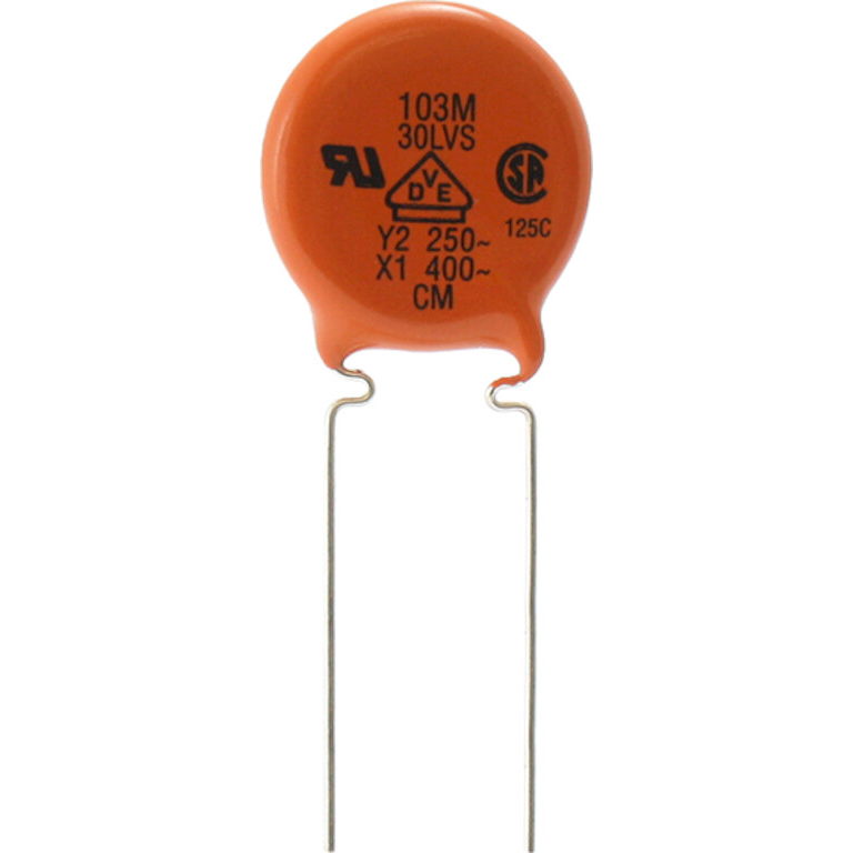 Vishay-30LVSD47-R Capacitor cerámico de una capa Cap Ceramic Single Suppression X1/Y2 0.0047uF 400VAC/300VAC Y5U 20% (12.4 X 4.7mm) Radial Disc 6.4mm 125°C Bulk