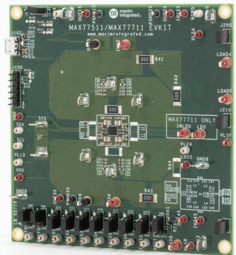 Analog Devices-MAX77711AEVKIT# Energiemanagement, Entwicklungsplatinen und -kits MAX77511/MAX77711 DC to DC Converter and Switching Regulator Chip 0.25V to 5.2V Output Evaluation Kit