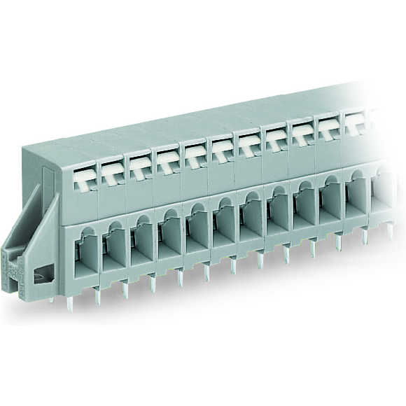 WAGO-741-135 Bloques terminales del conector Through-panel PCB terminal strip 2 solder pins/pole 5-pole with integrated push-buttons pin spacing 5 mm / 0.197 in with fixing flanges gray