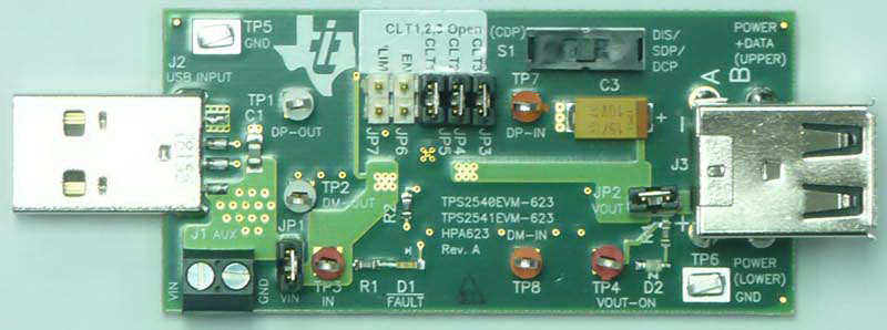 Texas Instruments-TPS2540EVM-623 Cartes et kits de développement de gestion de la puissance TPS2540/TPS2540A/TPS2541/TPS2541A USB Power Switch Evaluation Board