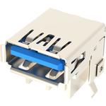 USB 3.0, Type A, Receptacle, Right Angle, High Rise, 12mm Height, 9 Pins, Shell Kink with Nickel Plating, 30uin Gold, Dip 2.4mm, Blue High Temperature Housing, Tray Packaging