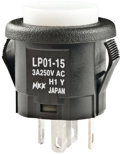 NKK Switches-LP0115CMKW015DB Switch Push Button Switch Push Button ON (ON) SPDT Round Button 3A 250VAC 30VDC Momentary Panel Mount Quick Connect/Solder Lug