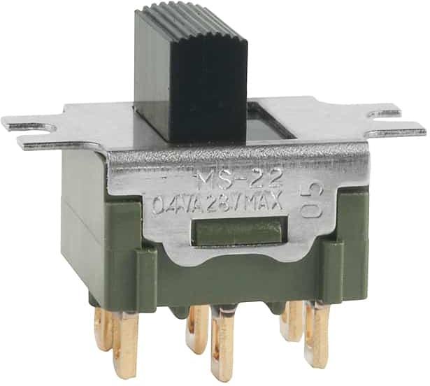 NKK Switches-MS22BFG01 Switch Slide Switch Slide ON None ON DPDT Top Slide 0.1A 28VAC 28VDC 0.4VA 100000Cycles Solder Lug Panel Mount