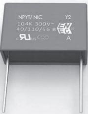 NIC Components-NPYT102K300VY2N2F Película del capacitor Cap Film Suppression Y2 0.001uF 1000VDC/300VAC PP 10%( 13 X 5 X 11mm) Radial 10mm 110°C Bulk
