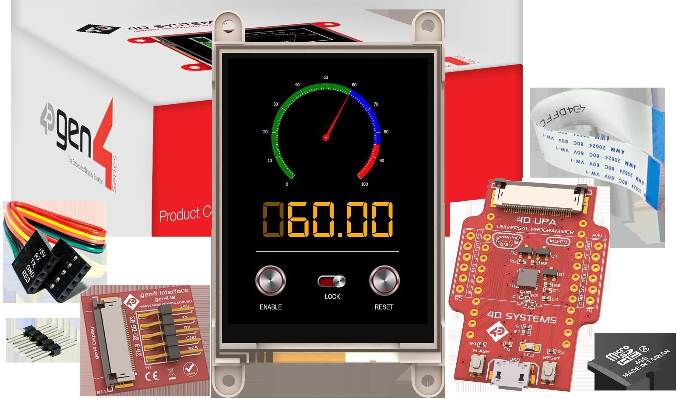 4D Systems-SK-GEN4-32DT Development Kits and Tools Starter Kit for gen4-uLCD-32DT with uSD-4GB Industrial, gen4-IB, 4D-UPA and 150mm FFC Cable