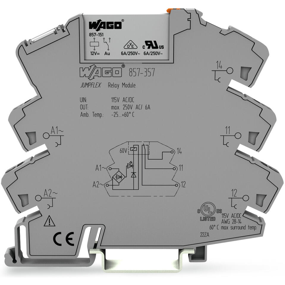 WAGO-857-357 Relevadores Otros Relay Module, Nominal input voltage 115 V AC/DC, 1 changeover Contact, Limiting continuous current 6 A, Yellow indicator, Module width 6 mm