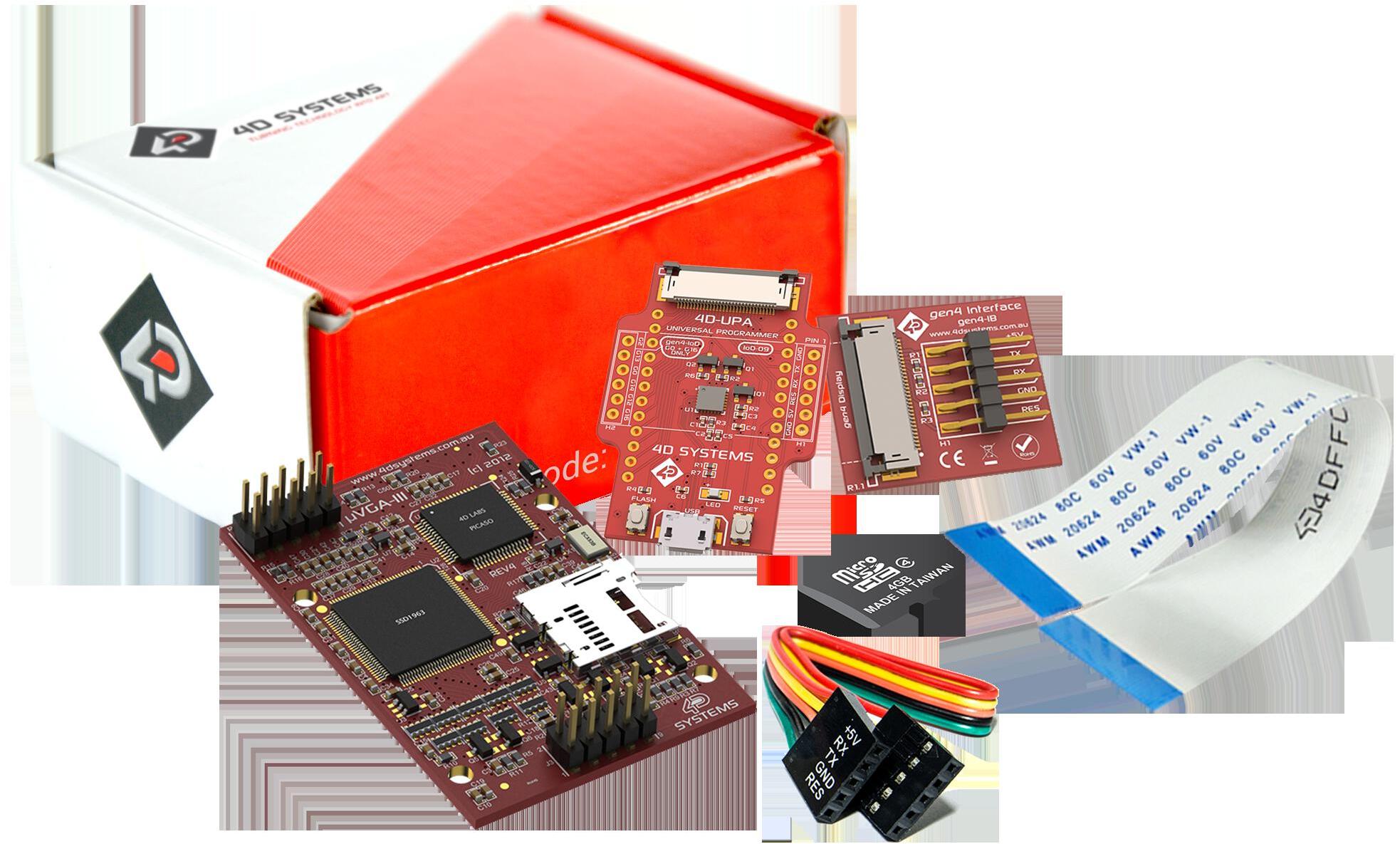 4D Systems-SK-UVGA-LLL | µVGA development kit Kit e strumenti di sviluppo Starter Kit for uVGA-IIIwith Industrial uSD-4GB and 4D-UPA