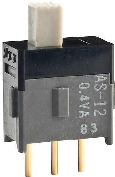 NKK Switches-AS12CP Interruttore a slitta Switch Slide ON None ON SPDT Top Slide 0.1A 28VAC 28VDC 0.4VA 50000Cycles PC Pins Thru-Hole