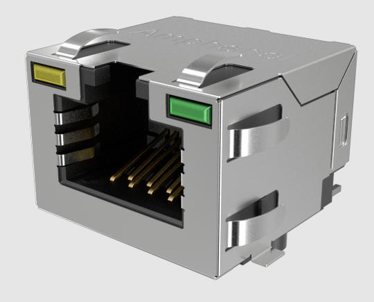 Amphenol-RJE3A18811B2 Steckverbinder, Telefon und Telekommunikation Conn RJ-45 RCP 8 POS 1.02mm Solder RA SMD 12 Terminal 1 Port Cat 5e T/R