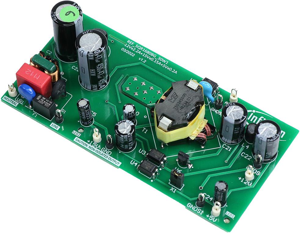 Infineon Technologies AG-REF5QR1680BG30W1TOBO1 Energiemanagement, Entwicklungsplatinen und -kits ICE5QR1680BG AC to DC Switching Converter 5V/12V/15V Output Reference Design Board
