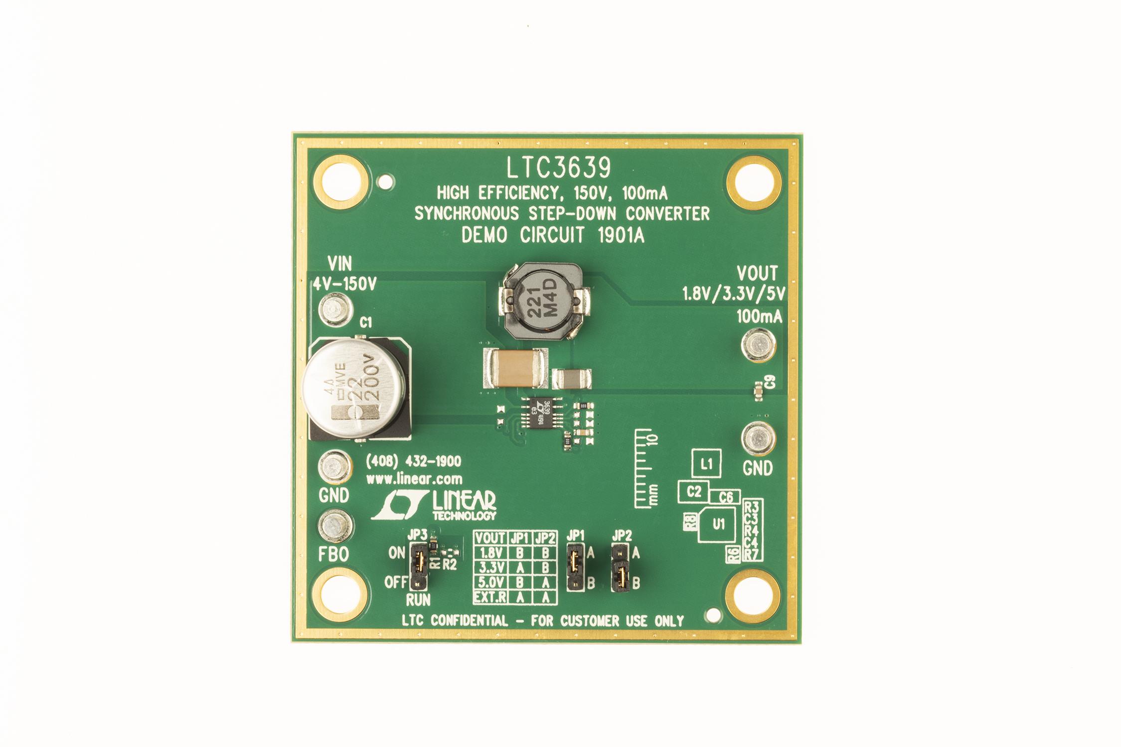 Analog Devices-DC1901A Energiemanagement, Entwicklungsplatinen und -kits LTC3639EMSE Demo Board, Sync Buck, 4V ≤ VIN ≤ 150V, VOUT = 1.8V/3.3V/5V/Adj @ 100mA