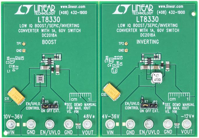 Analog Devices-DC2018A Energiemanagement, Entwicklungsplatinen und -kits LT8330 Demo Board, Dual circuits. 1) 10V to 36V input to 48V at 135mA & 2) 4V to 36V input to -12V at 270mA