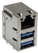 TRP Connector-1-2250125-2 Interfaz de conector Conn RJ-45/Dual USB 3.0 F/(2)F 8/9/9 POS 1.27mm/(0.5mm/1mm/1.5)mm Solder RA Thru-Hole 32 Terminal 1/1/1 Port