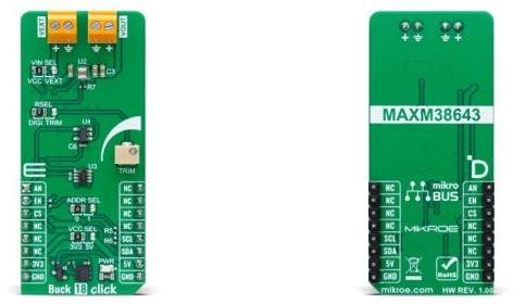 MikroElektronika-MIKROE-6071 Power Management Development Boards and Kits MAXM38643 DC to DC Converter and Switching Regulator Module 0.7V to 3.3V Output Click Board