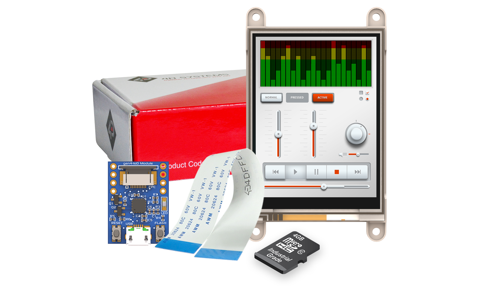 4D Systems-SK-GEN4-IOD-32T Entwicklungssätze und Werkzeuge Starter Kit for gen4-IoD-32T with 4D-UPA, 150mm 10 way FFC cable, uSD-4GB Industrial