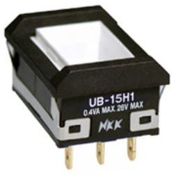 NKK Switches-UB-15H1NBKG4R Druckknopfschalter Switch Push Button ON (ON) SPDT Rectangular Button 0.1A 28VAC 28VDC 0.4VA Momentary Panel Mount Solder Lug