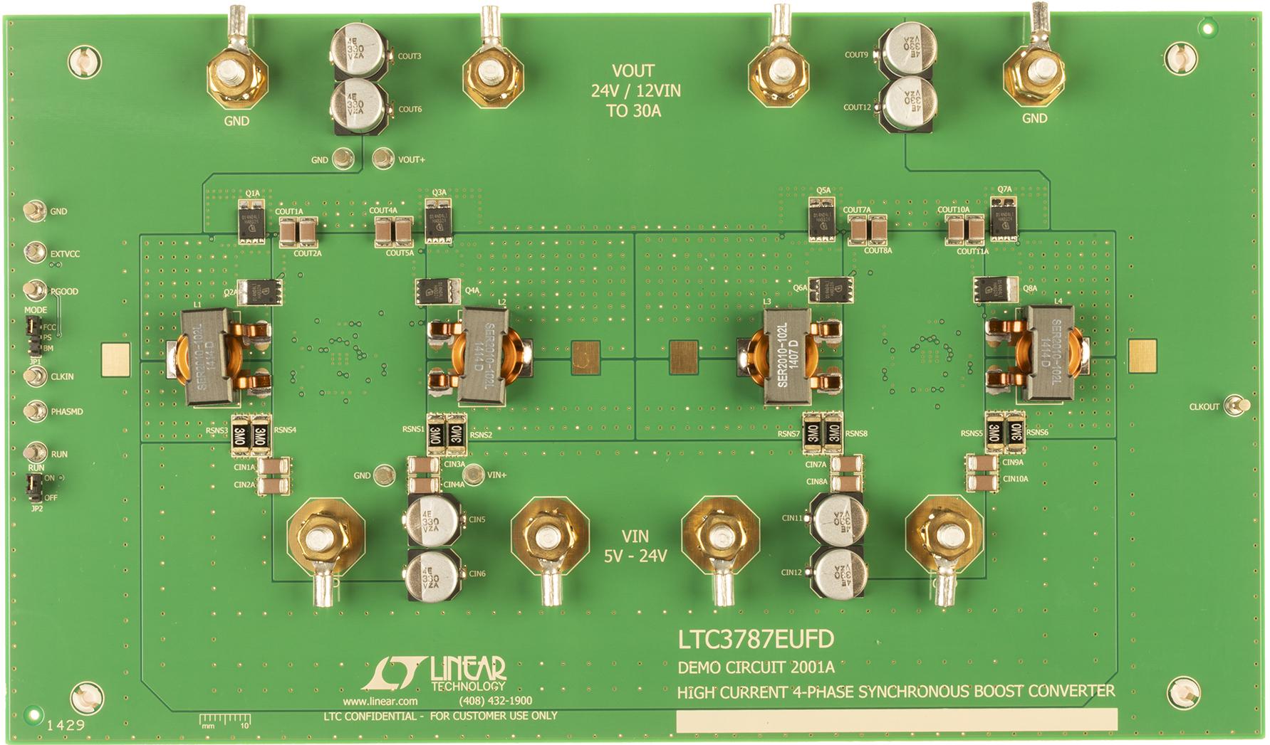 Analog Devices-DC2001A Power Management Development Boards and Kits LTC3787EUFD Demo Board, LTC3787(x2) Paralleled Boost Controllers, 6V ≤ VIN ≤ 24V, VOUT = 24V @ Up to 30A