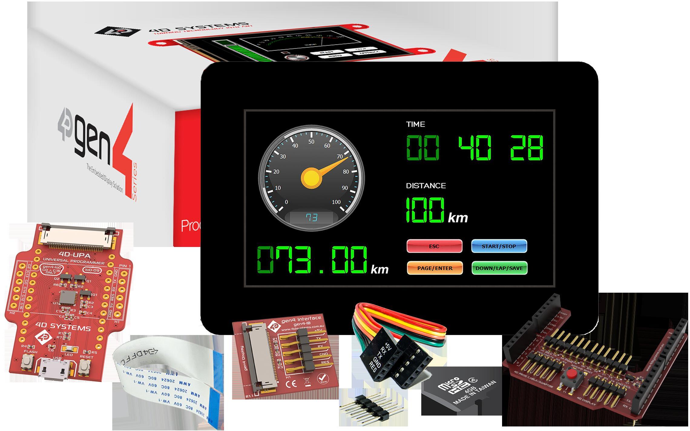 4D Systems-SK-GEN4-43D-CLB-AR Development Kits and Tools Starter Kit for gen4-uLCD-43D-CLB-AR with 4D Arduino Adaptor Shield-II, 4D-UPA , 4GB Industrial microSD Card, 150 mm FFC Cable, 5-way female-to-female ribbon cable with male-to-male adaptor