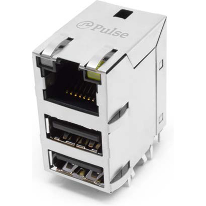 Pulse Electronics Corporation-JD4-4003NL Interfaccia connettore Conn RJ-45/Dual USB 2.0 Type A (3)F 8/4/4 POS 2.03mm/(2mm/2.5)mm Solder RA Thru-Hole 18 Terminal 3 Port Tray