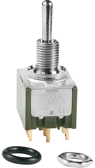 NKK Switches-M2038SD3A01 Interruptor de palanca Switch Toggle (ON) OFF (ON) 3PDT Small Bat Lever Solder Lug 6A 250VAC 30VDC 0.4VA Panel Mount with Threads