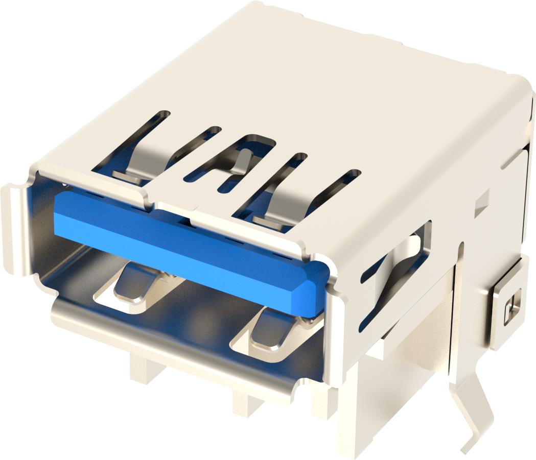 Amphenol Communications Solutions-GSB311J311C2EU Connector USB USB 3.0, Type A, Receptacle, Right Angle, High Rise, 12mm Height, 9 Pins, Shell Kink with Nickel Plating, 30uin Gold, Dip 2.4mm, Blue High Temperature Housing, Tray Packaging
