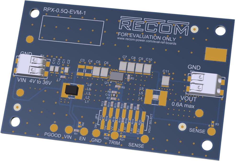 RECOM Power-RPX-0.5Q-EVM-1 Energiemanagement, Entwicklungsplatinen und -kits RPX-0.5Q DC to DC Converter and Switching Regulator Module 0.8V/1.8V/3.3V/5V/12V/15V/24V Output Evaluation Board