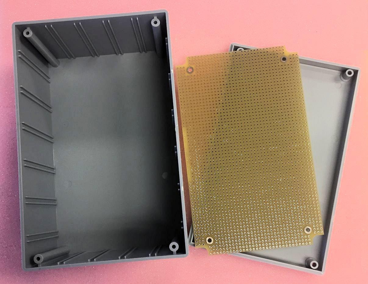 Twin Industries-G30-8000 Gray ABS Plastic Project Box with matching plated protoboard; FR4 0.062". Box Dim = 6.7" x 4.3" x 3.1"