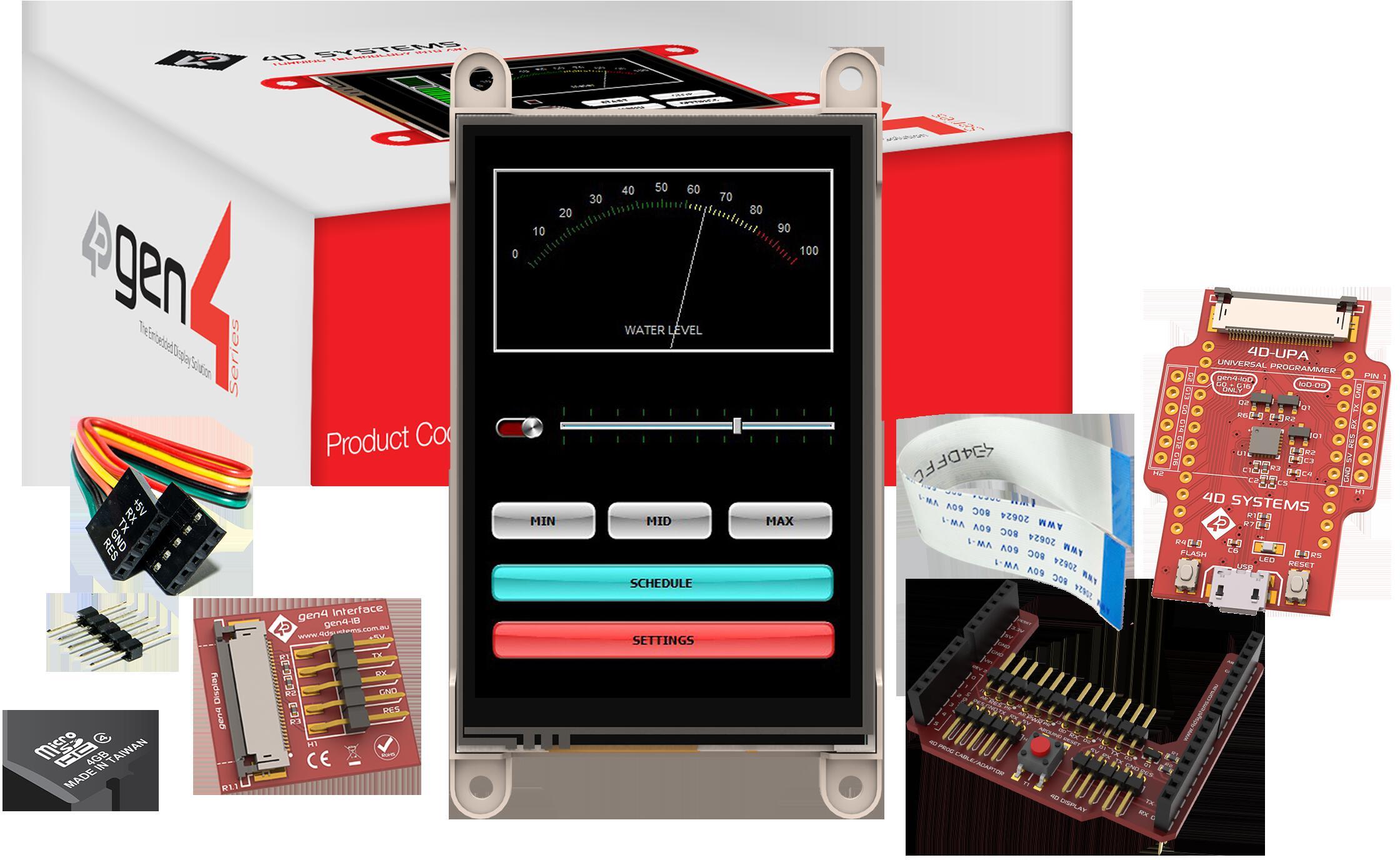4D Systems-SK-GEN4-35DT-AR Herramientas y kits de desarrollo Starter Kit for gen4-uLCD-35DT-AR with 4D Arduino Adaptor Shield-II, 4D-UPA, 4GB Industrial microSD Card, 150 mm FFC Cable, 5-way female-to-female ribbon cable with male-to-male adaptor