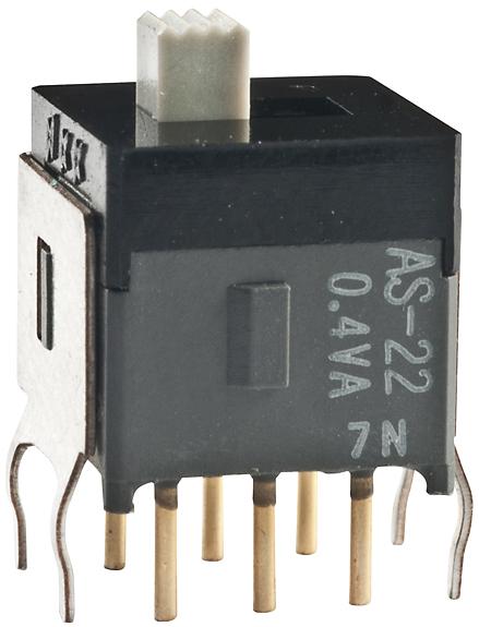 NKK Switches-AS22AB Switch Slide Switch Slide ON None ON DPDT Top Slide 0.1A 28VAC 28VDC 0.4VA 50000Cycles PC Pins Bracket Mount/Through Hole