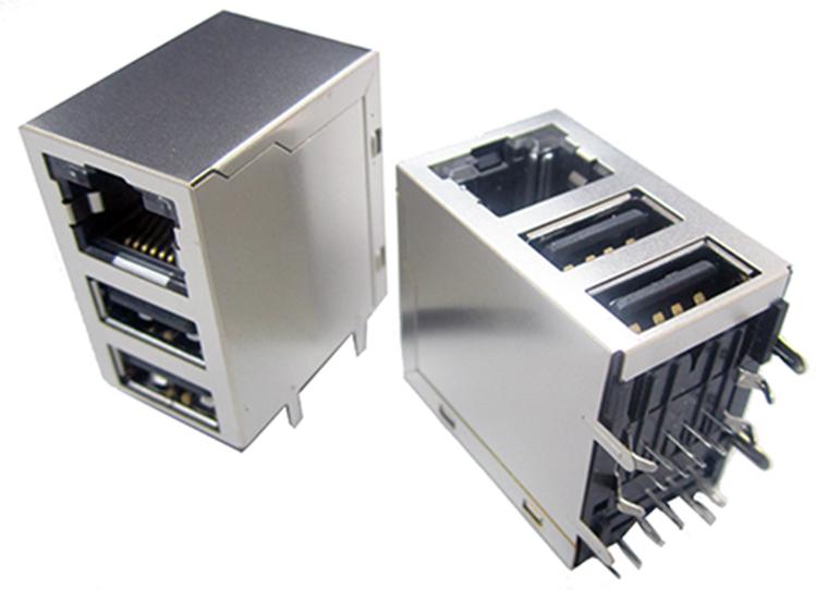 Abracon-ARJ-150B Connector Interface Conn RJ-45 Integrated Magnetics/Dual USB (3)RCP 8/4/4 POS Solder ST Thru-Hole 22 Terminal 1/1/1 Port Tray