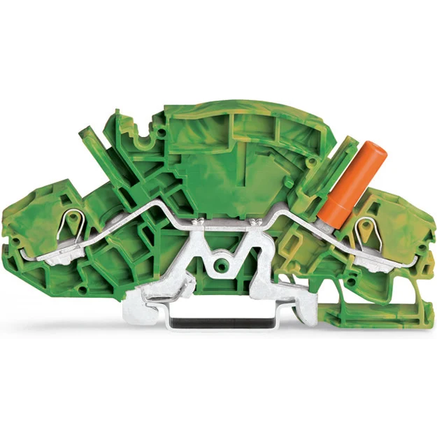 WAGO-2007-8807 Steckverbinder, Klemmenblöcke 2-Conductor ground Terminal Block, 6 mm2, with touch-proof test socket, for 4 mm Dia test plugs, side and center marking, for DIN-rail 35 x 15 and 35 x 7.5, Push-in Cage Clamp