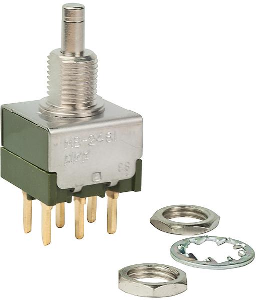 NKK Switches-MB2461E1G03 Botón pulsador Switch Push Button ON (ON) DPDT Round Plunger 0.1A 28VAC 28VDC 0.4VA Momentary Panel Mount/Through Hole PC Pins