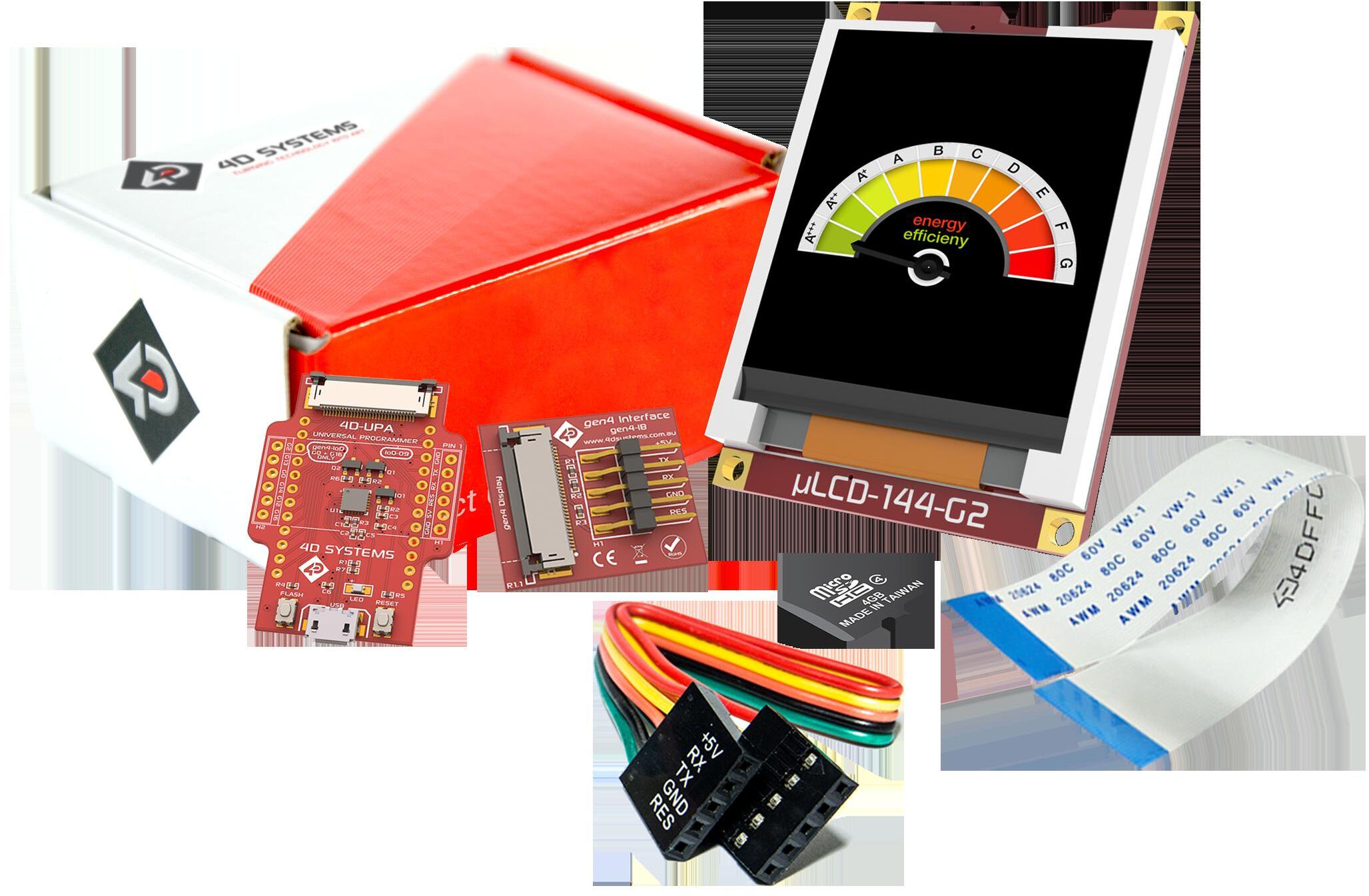 4D Systems-SK-144G2 Entwicklungssätze und Werkzeuge Starter Kit for uLCD-144G2 with Industrial uSD-4GB and 4D-UPA