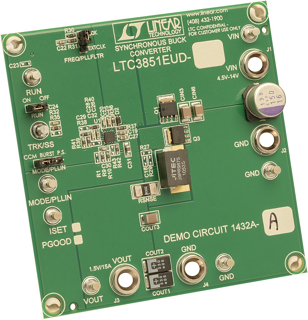 Analog Devices-DC1432A-A Placas y kits de desarrollo de administración de potencia LTC3851AUED Demo Board with Adjustable ILIMIT, 4.5V ≤ VIN ≤ 14V, VOUT = 1.5V @ 15A