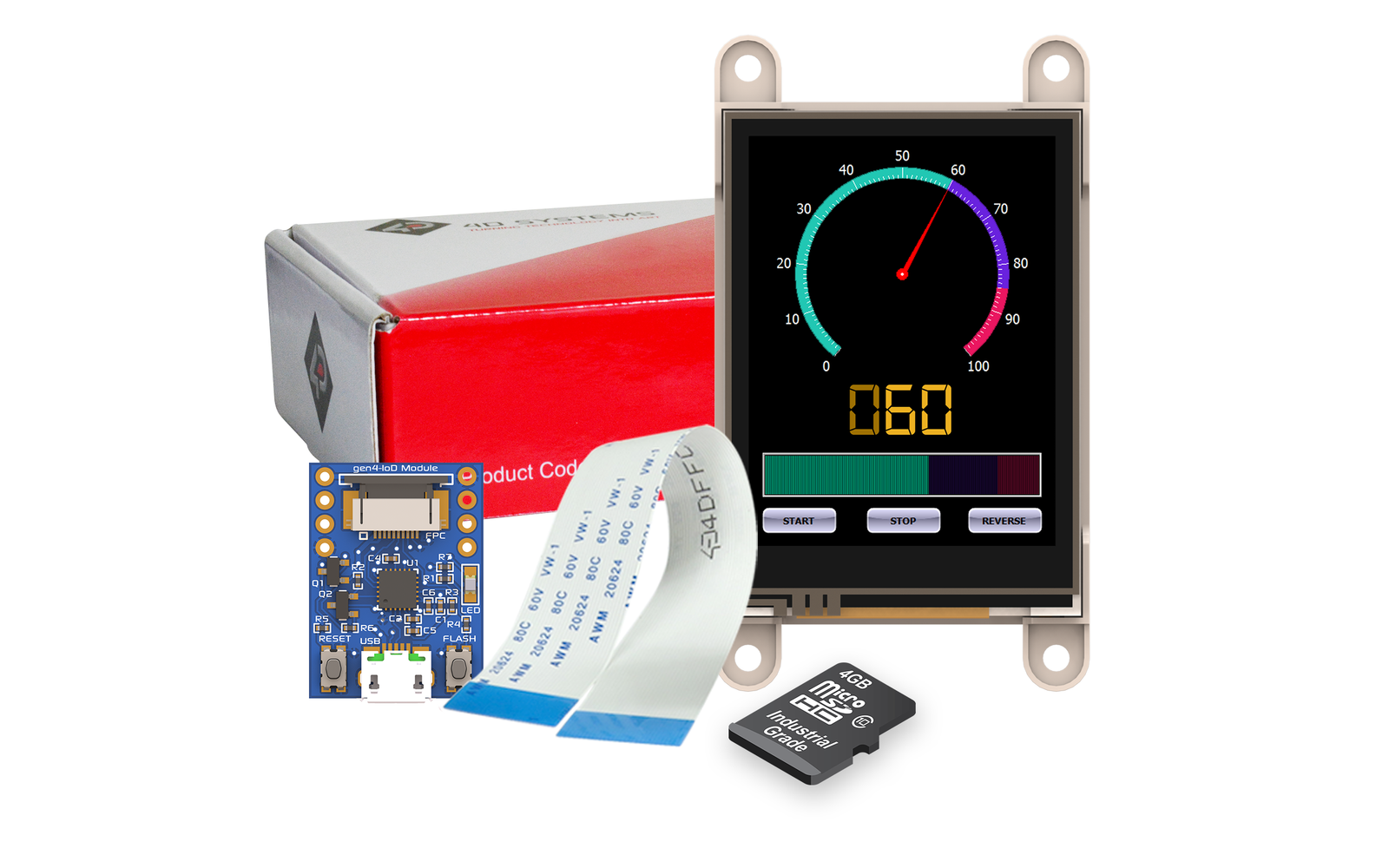 4D Systems-SK-GEN4-IOD-24T Herramientas y kits de desarrollo Starter Kit for gen4-IoD-24T with 4D-UPA, 150mm 10 way FFC cable, uSD-4GB Industrial