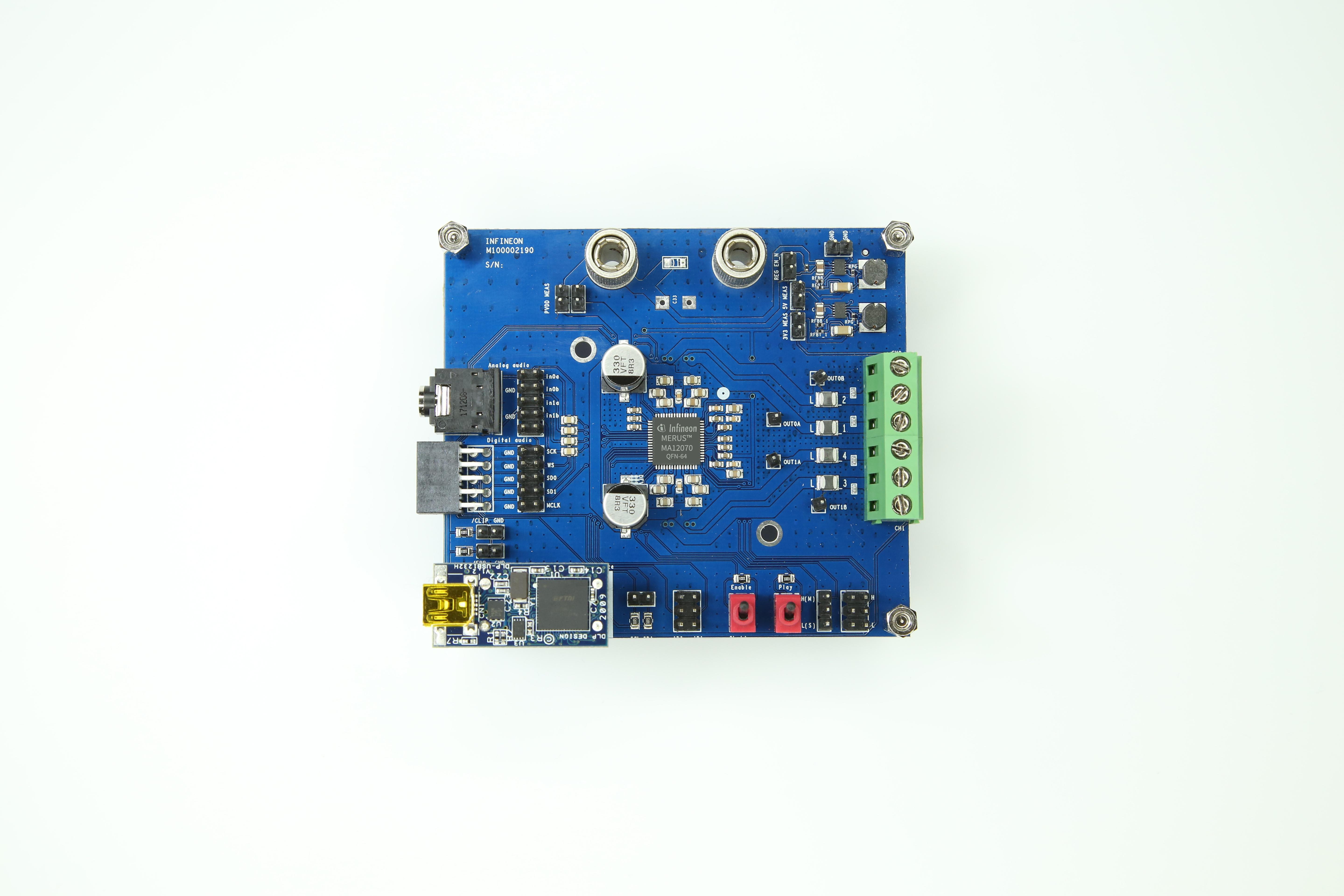 Infineon Technologies AG-EVAL_AUDIO_MA12070TOBO1 Kit e schede di sviluppo IC amplificatore MA12040/MA12040P/MA12070/MA12070P Audio Amplifier Evaluation Board