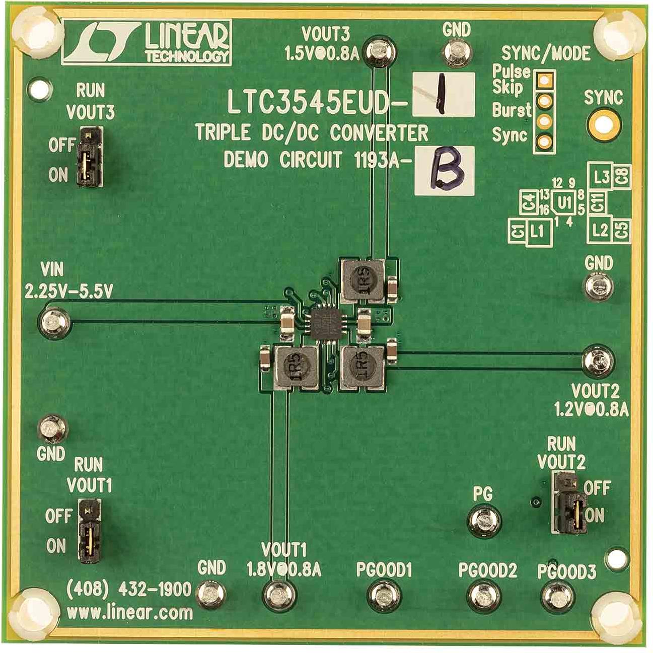 Analog Devices-DC1193A-B Power Management Development Boards and Kits LTC3545EUD Demo Board, 2.25V to 5.5VIN, 1.2V @ 0.8A, 1.5V @ 0.8A, 1.8V @ 0.8A; PGOOD Pin, Burst Mode Only