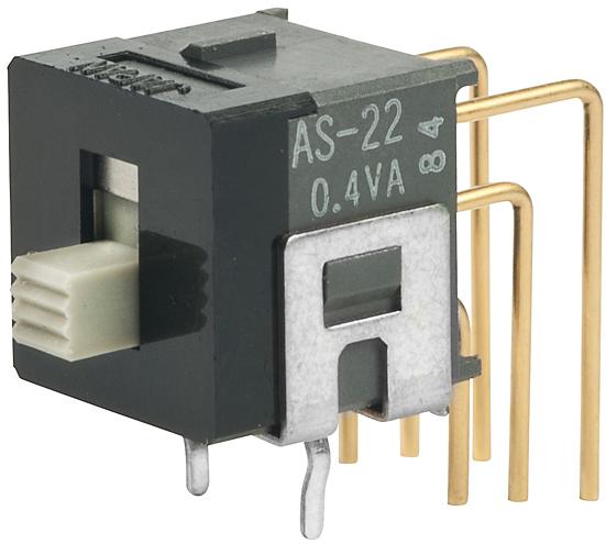 NKK Switches-AS22AV Interruttore a slitta Switch Slide ON None ON DPDT Side Slide 0.1A 28VAC 28VDC 0.4VA 50000Cycles PC Pins Bracket Mount/Through Hole