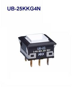 NKK Switches-UB-25KKG4N Botón pulsador Switch Push Button ON (ON) DPDT Square Button 0.1A 28VAC 28VDC 0.4VA Momentary Panel Mount Solder Lug