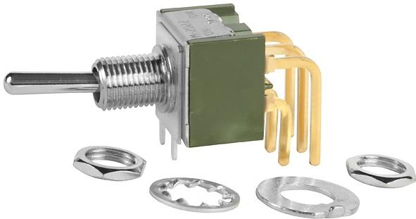 NKK Switches-M2022SS1G30 Switch Toggle Switch Toggle ON None ON DPDT Small Bat Lever PC Pins 0.1A 28VAC 28VDC 0.4VA PC Mount with Bracket and Threads