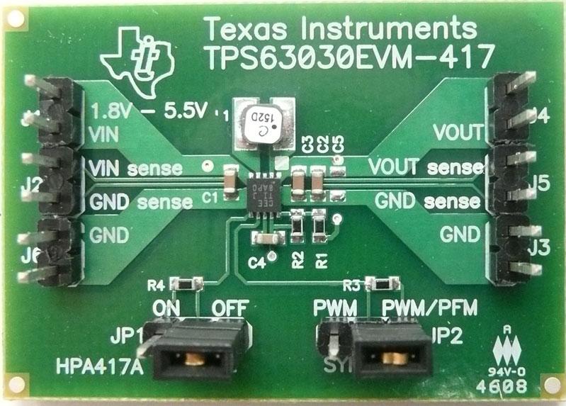 Texas Instruments-TPS63030EVM-417 Energiemanagement, Entwicklungsplatinen und -kits TPS63030 DC to DC Converter and Switching Regulator Chip 3.2V to 3.4V Output Evaluation Board