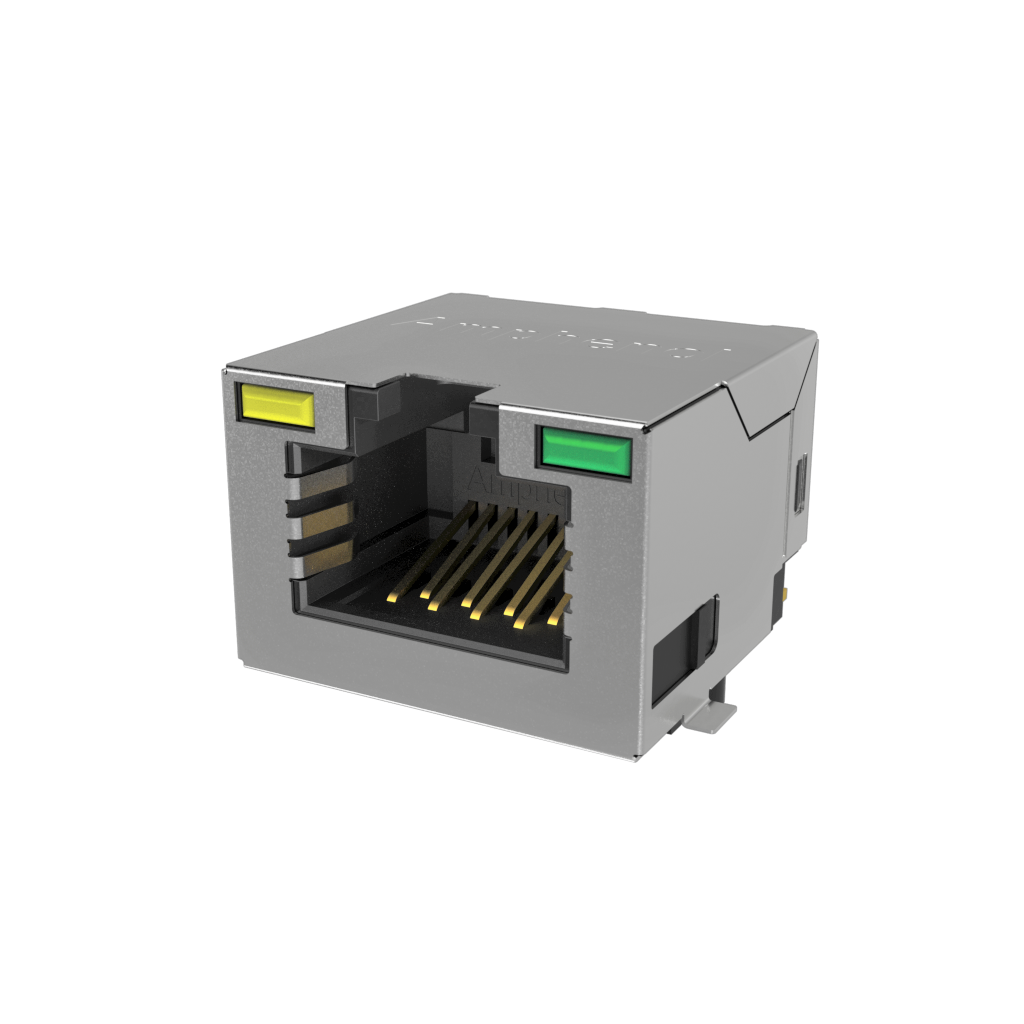 Amphenol-RJE3A1886132 Raccordement téléphone et télécom Conn RJ-45 F 8 POS 1.02mm Solder RA SMD 10 Terminal 1 Port Cat 5e T/R