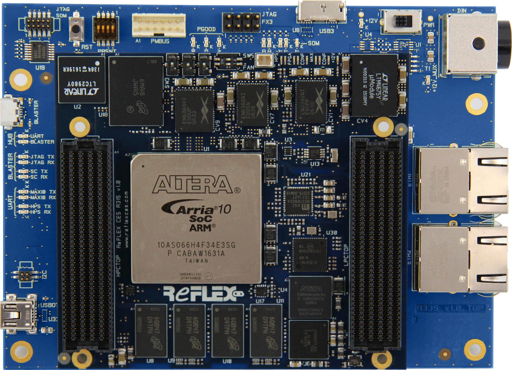 ReFLEX CES-RXCA10S066PF34-IDK0SA Programmable Logic Development Boards and Kits Development Kit with SoM Arria 10 "Turbo" version module 660 KLE, speed grade -1, commercial, 2 banks DDR4 / by 32bit / 8GBytes / @2400MT/s, eMMC 32GBytes, USB3.0, Bottom & Top connectors