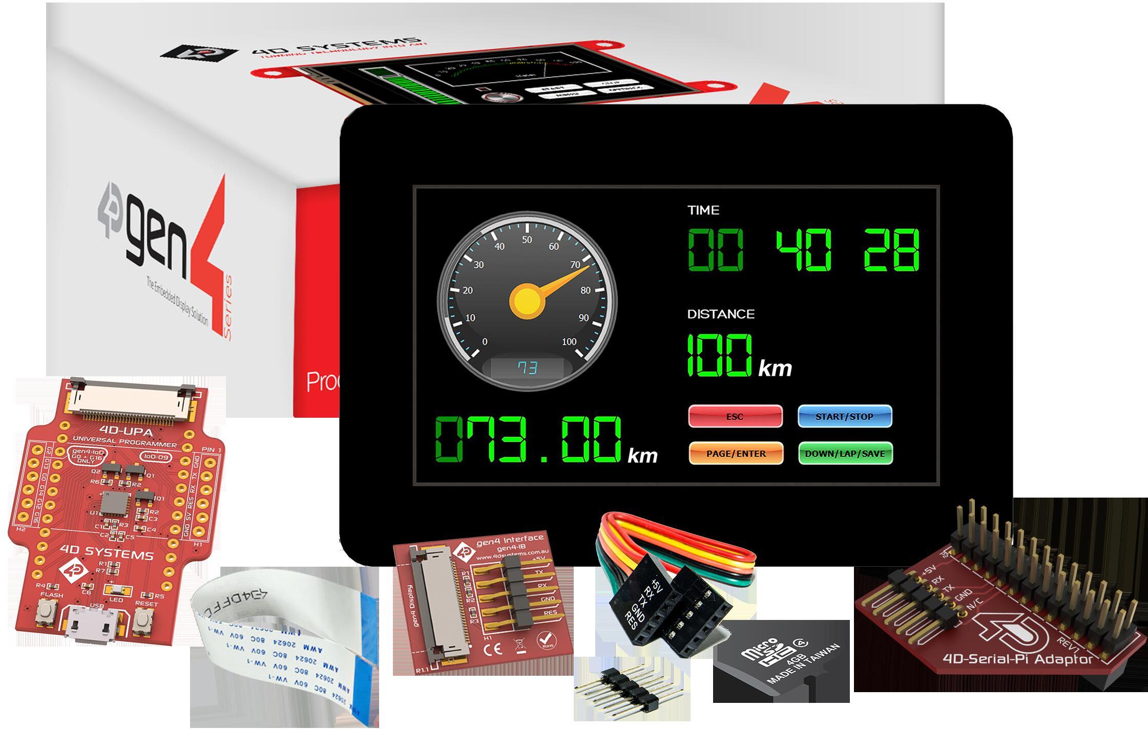 4D Systems-SK-GEN4-43D-CLB-SB-PI Entwicklungssätze und Werkzeuge Starter Kit for gen4-uLCD-43D-CLB-SB-PI with 4D Serial Pi Adaptor, 4D-UPA , 4GB Industrial microSD Card, 150 mm FFC Cable, 5-way female-to-female ribbon cable with male-to-male adaptor