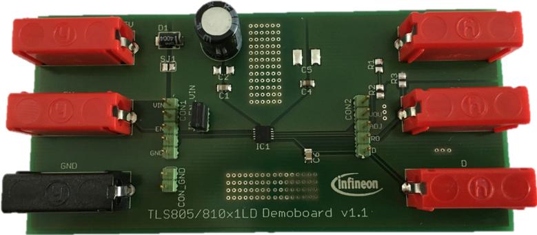 Infineon Technologies AG-TLS810D1LDV33BOARDTOBO1 Kit e schede di sviluppo gestione della potenza TLS805x1LD/TLS810x1LD Demoboard That Demostrates The Ultra Low Quiescent Current Linear Voltage Regulator Family TLS805x1LD/TLS810x1LD Automotive AECQ