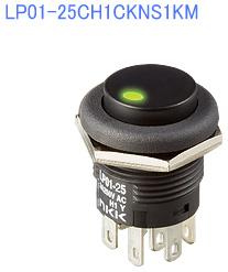 NKK Switches-LP01-25CH1CKNS1KM Interruttore a pressione Switch Push Button ON (ON) DPDT Round Plunger 3A 250VAC 30VDC Momentary Panel Mount Quick Connect/Solder Lug