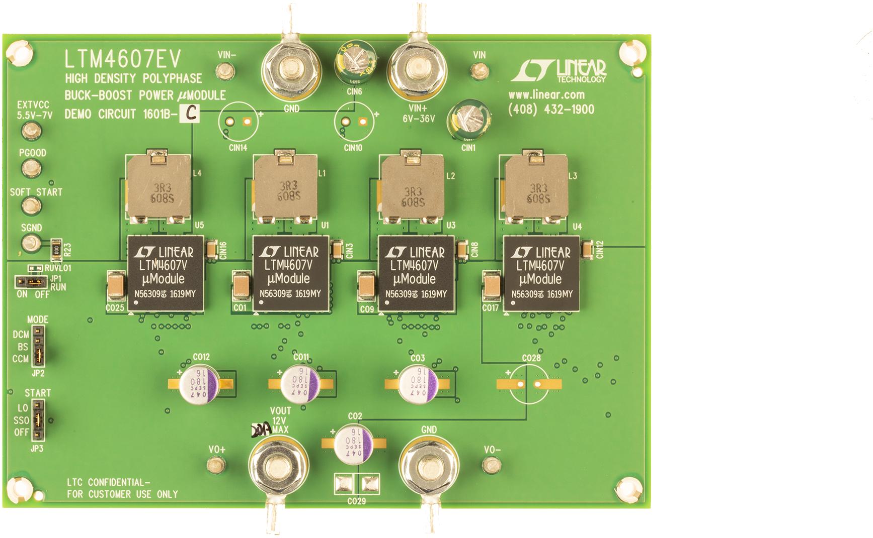 Analog Devices-DC1601B-C Kit e schede di sviluppo gestione della potenza LTM4607EV Demo Board, LTM4607(x4) Buck-Boost uModule, 6V ≤ VIN ≤ 36V, VOUT = 12V @ 20A